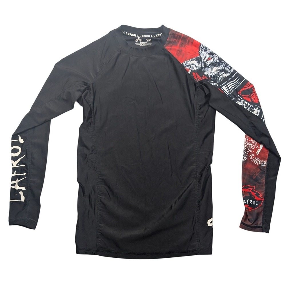 LAFROI Rash Guard Mens S Black Red Graphic Compression Long Sleeve Burst Shirt